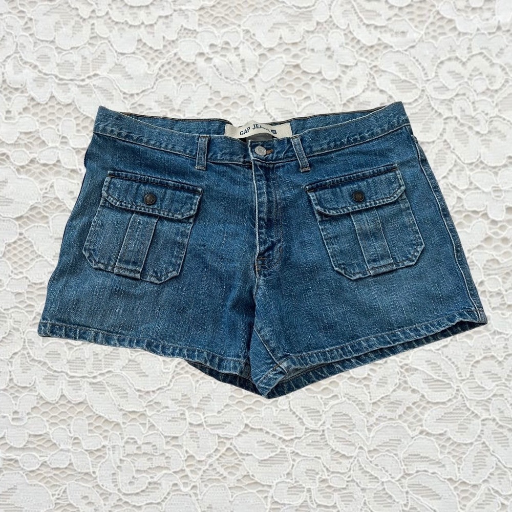 vintage gap front cargo pocket denim mini shorts